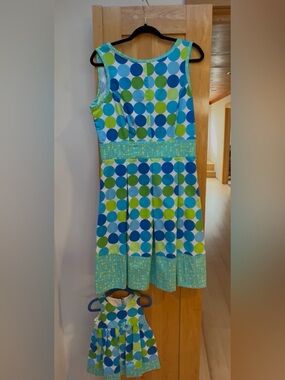 Mom & me Sleeveless Polka Dot Summer Dress in Blue, Green & White